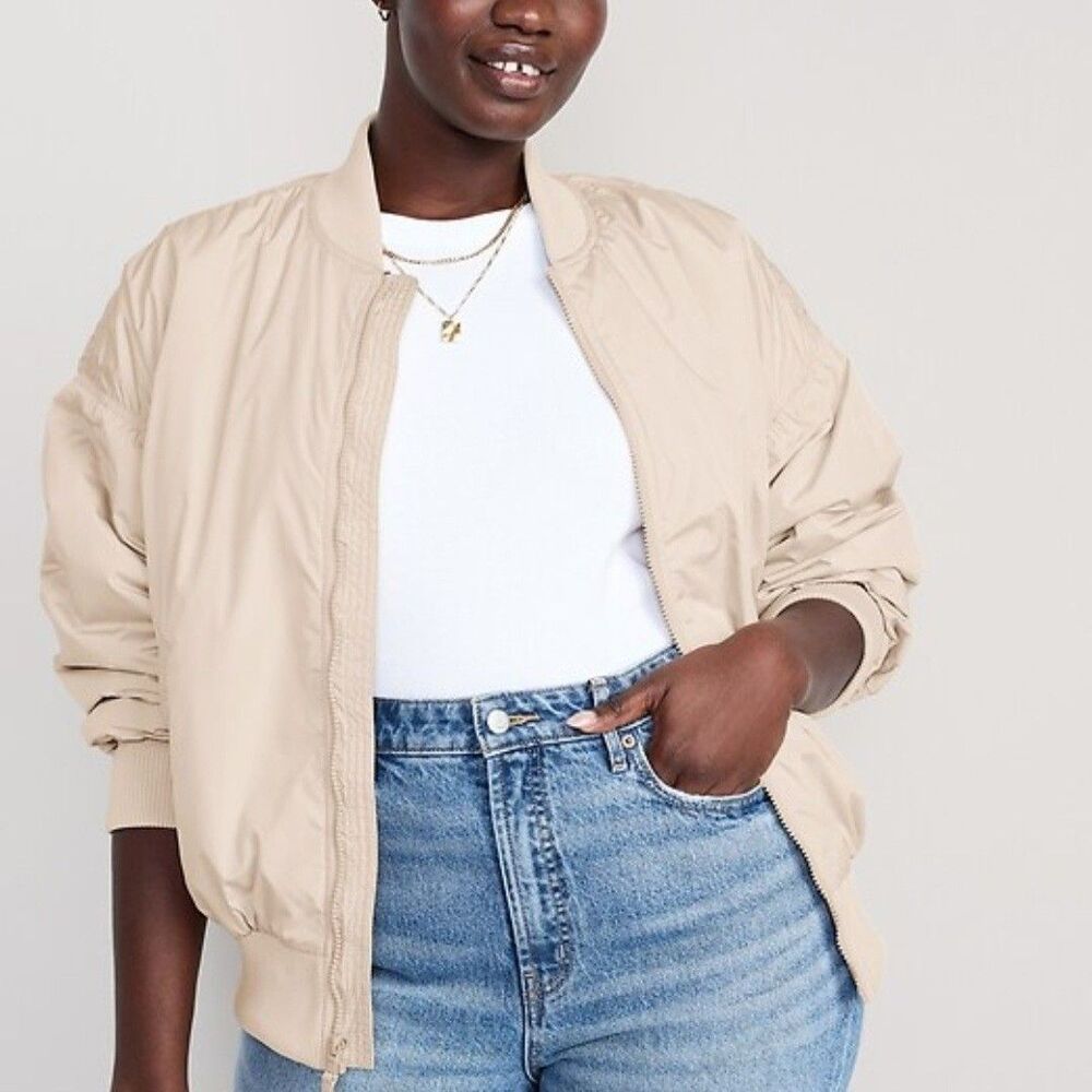 NEW Old Navy Go-H20 Beige Oversized Dolman Sleeve Indie Puffer Bomber Jacket